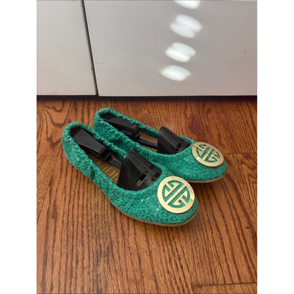 libelula Foldable Ballet Flats Emerald Green Leopard Print Women's Size 7-8